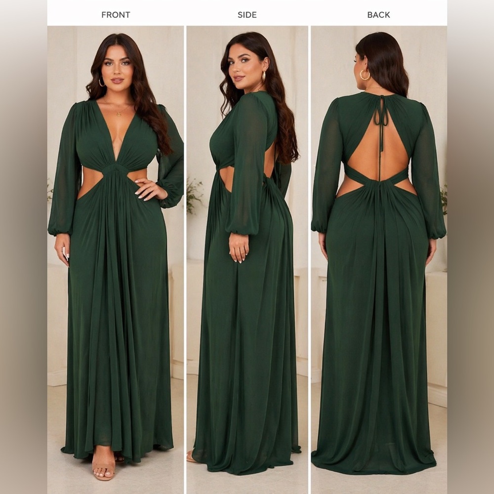 Fashion Nova Natalia Maxi Dress Green Cutout Long Sleeve Plus Size 1X NWT